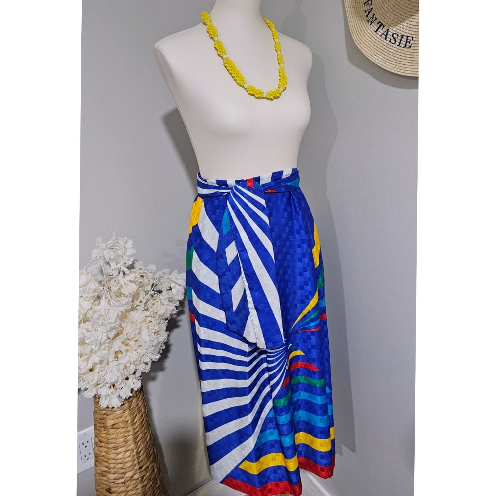 Vintage 80's Blue & Multicolor Abstract Print Waist Tie Silky Midi Skirt